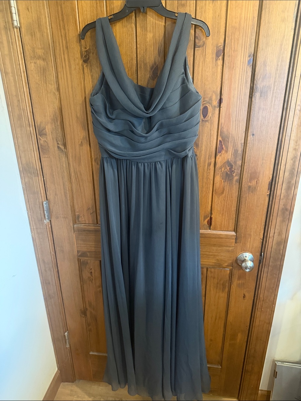 Elegant Sleeveless Cowl Neck Formal Dress in Charcoal Gray